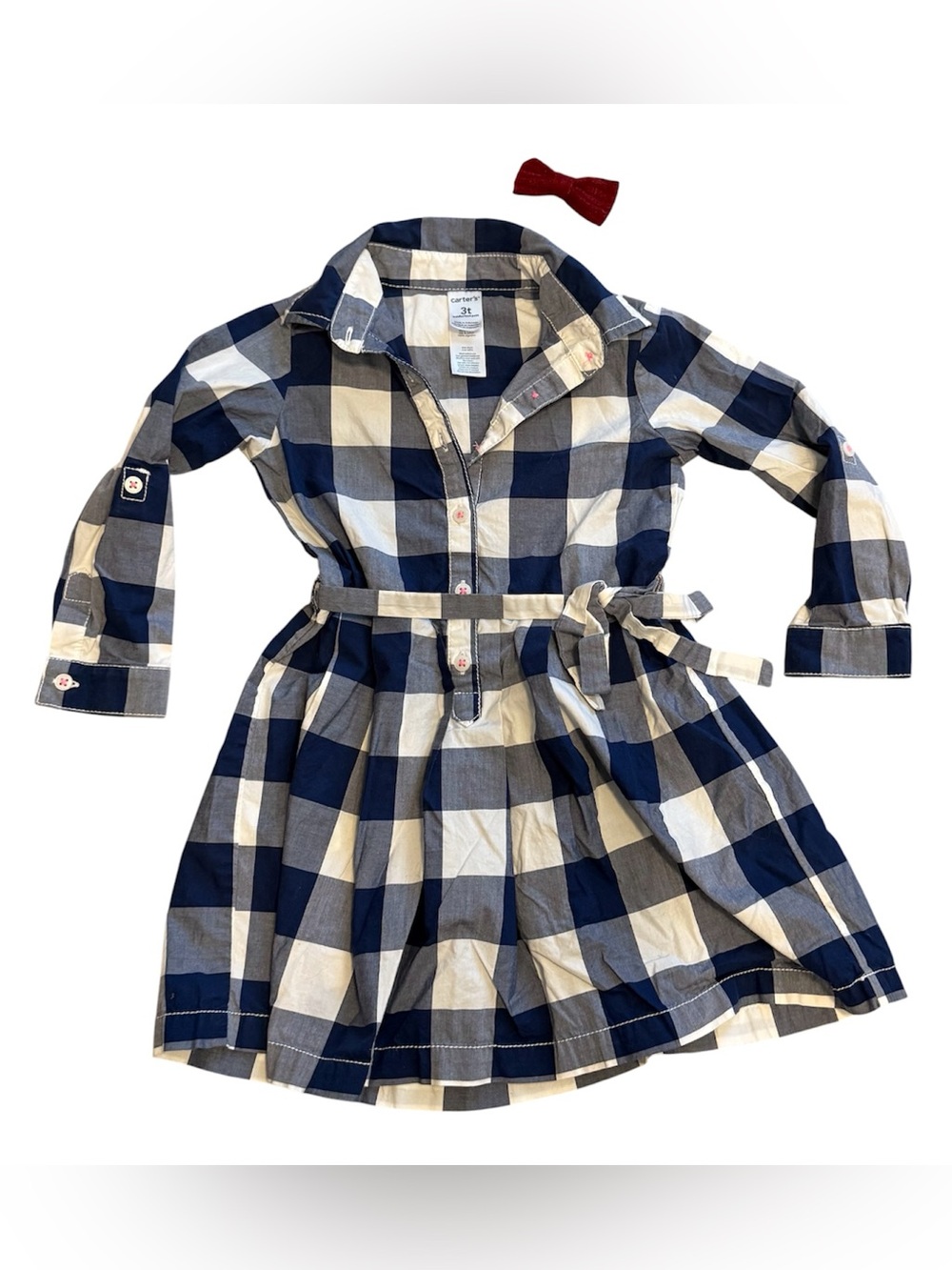 Carter’s Girls Dress 3T Navy White Checkered Cotton Button Tie + Bow